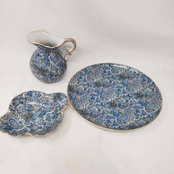 Norcrest blue floral paisley Japan plate trinket dish pitcher set porcelain 3 pc - Picture 5 of 16